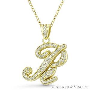 Initial Letter "R" Cursive Script CZ Crystal Pendant in .925 Sterling Silver YG